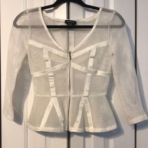Bebe Long Sleeve White Fishnet Peplum Jacket  XS